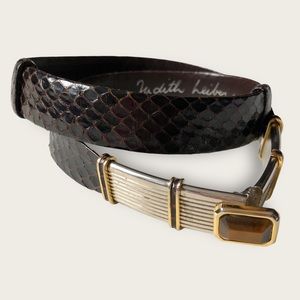 Judith Leiber Dark Brown Snakeskin Belt with Gold & Silver-Tone Buckle